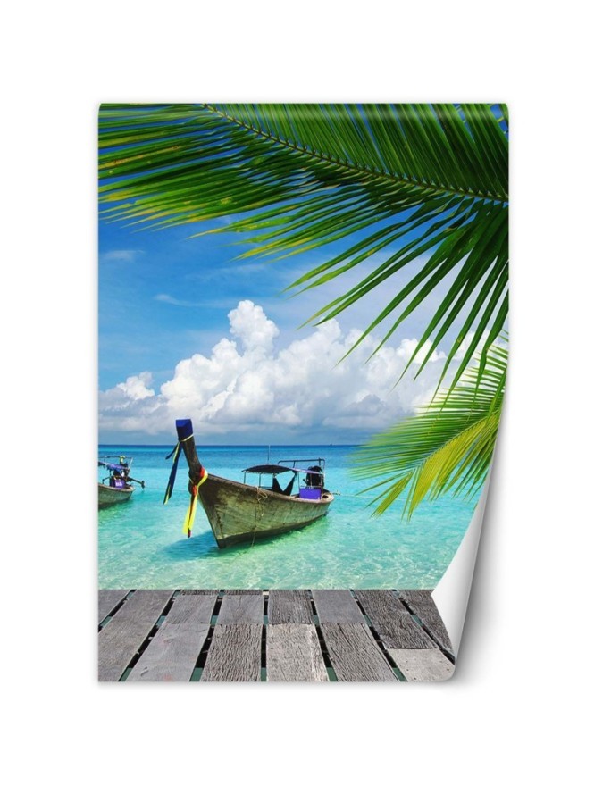 Exotic wall murals - Boat tropical palm tree beach | FEEBY