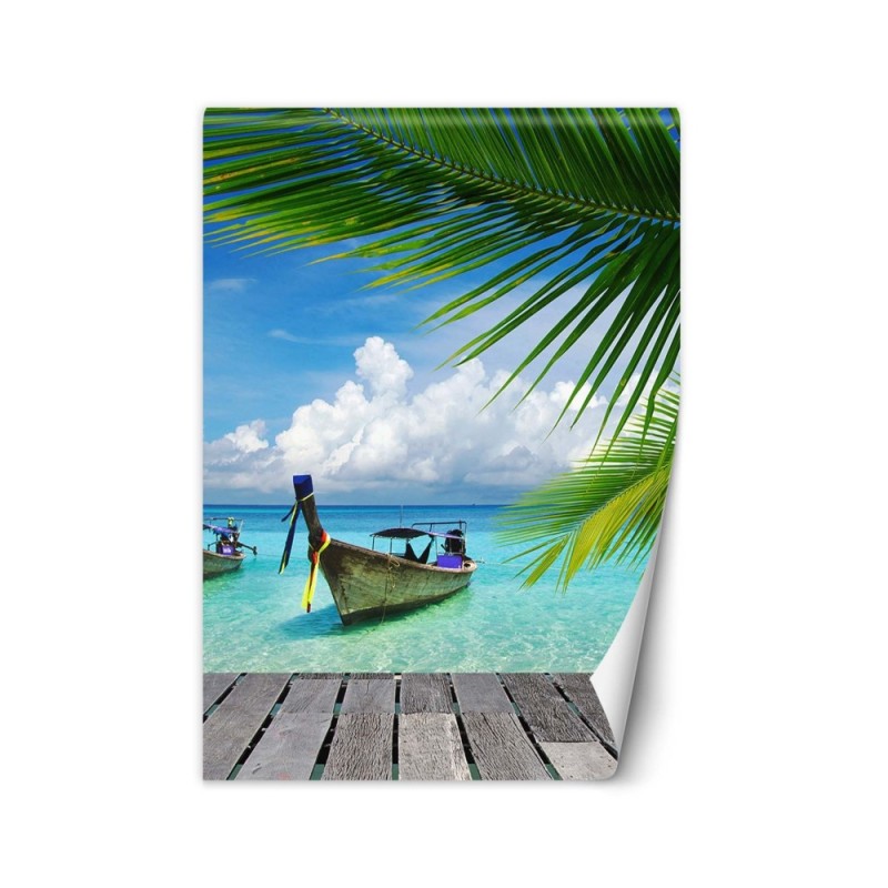 Exotic wall murals - Boat tropical palm tree beach | FEEBY