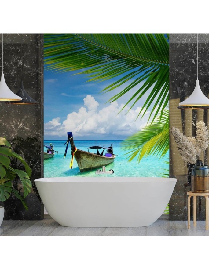 Exotic wall murals - Boat tropical palm tree beach | FEEBY