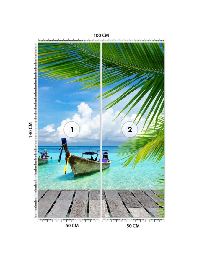 Exotic wall murals - Boat tropical palm tree beach | FEEBY