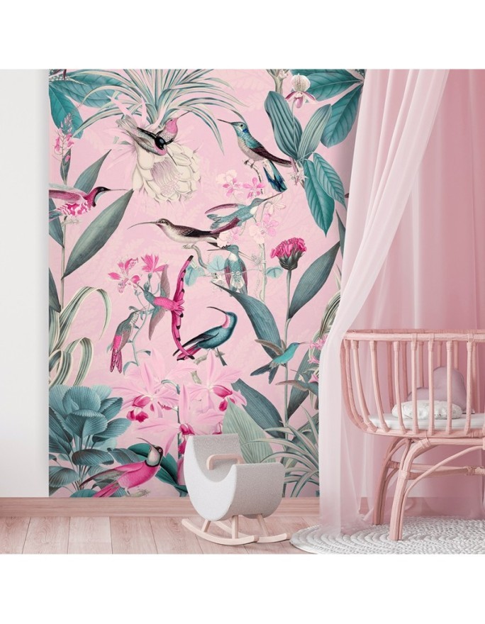 Modern Wallpaper - Birds and leaves on pink background Andrea Haase | FEEBY