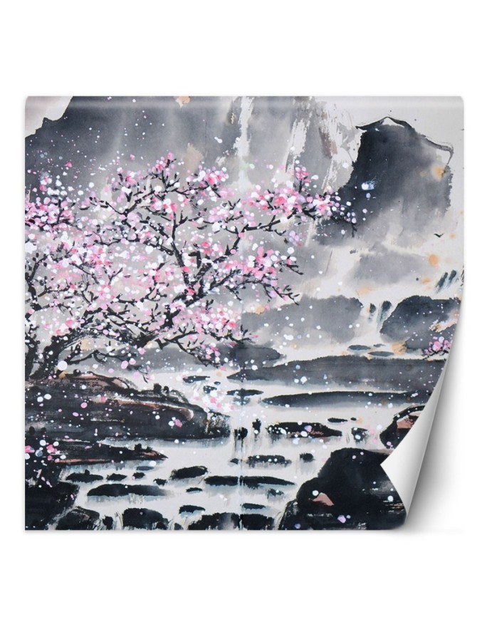 Oriental murals - Cherry tree in bloom against a mountain background | FEEBY