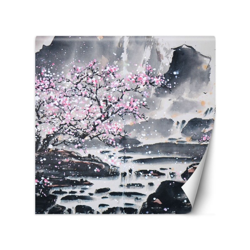Oriental murals - Cherry tree in bloom against a mountain background | FEEBY