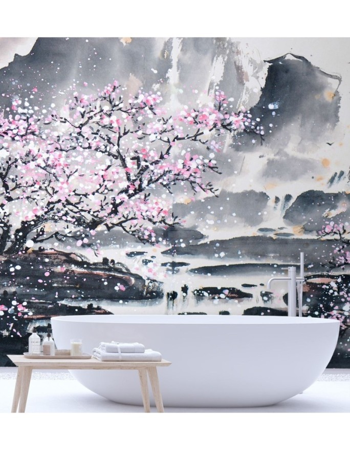 Oriental murals - Cherry tree in bloom against a mountain background | FEEBY