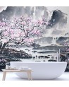 Oriental murals - Cherry tree in bloom against a mountain background | FEEBY
