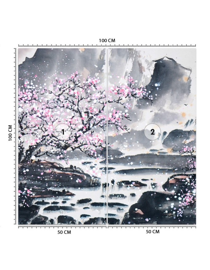 Oriental murals - Cherry tree in bloom against a mountain background | FEEBY