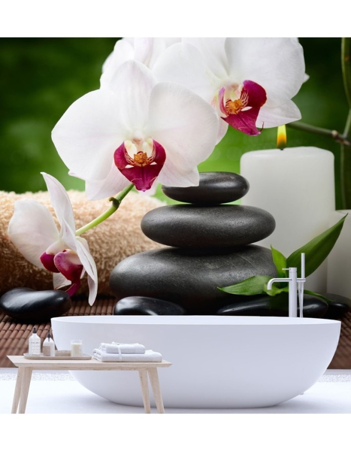 Wall mural - Orchid candle and zen stones in spa | FEEBY