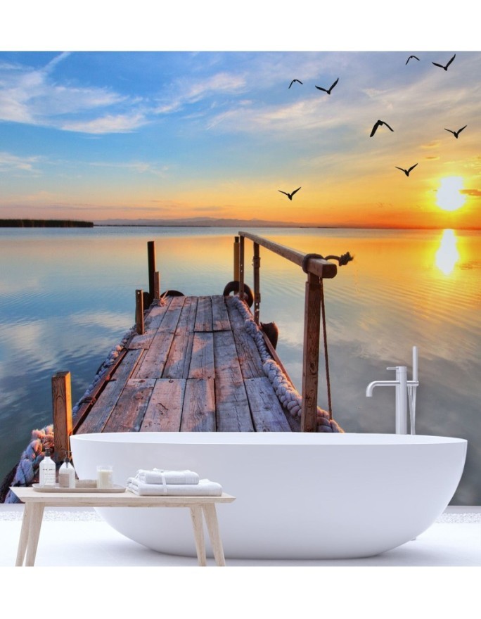 Original Wallpaper - Sunset over a lake and flying birds | FEEBY