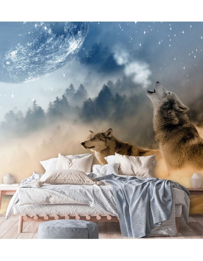 Unique Wallpapers for the living room - Wolf moon forest in the fog | FEEBY