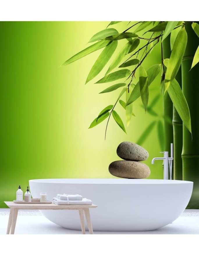 Mural for spa or study - Bamboo leaves on green background | FEEBY