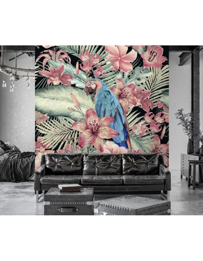 Photo wallpaper - Parrot on a background of pink exotic leaves Andrea Haase | FEEBY