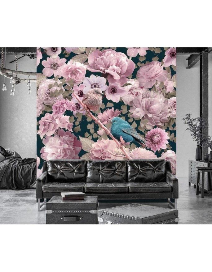 Wallpaper - Blue bird against a background of pink roses Andrea Haase | FEEBY