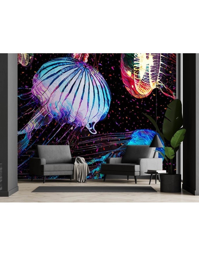 Bedroom wall mural - Neon jellyfish abstract Gab Fernando | FEEBY