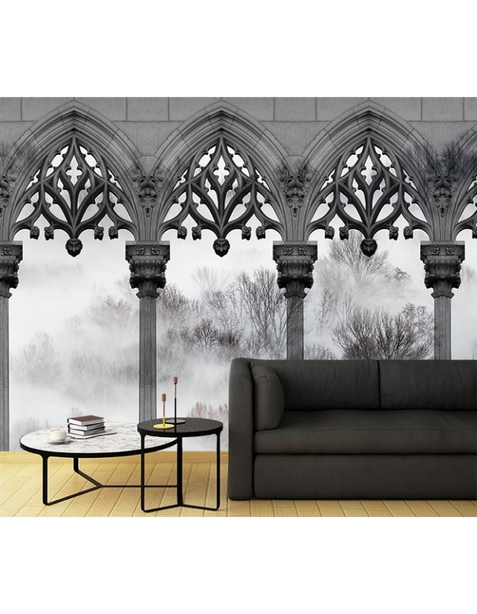 Exclusive wall murals - Trees Mist Pillars Black White | FEEBY