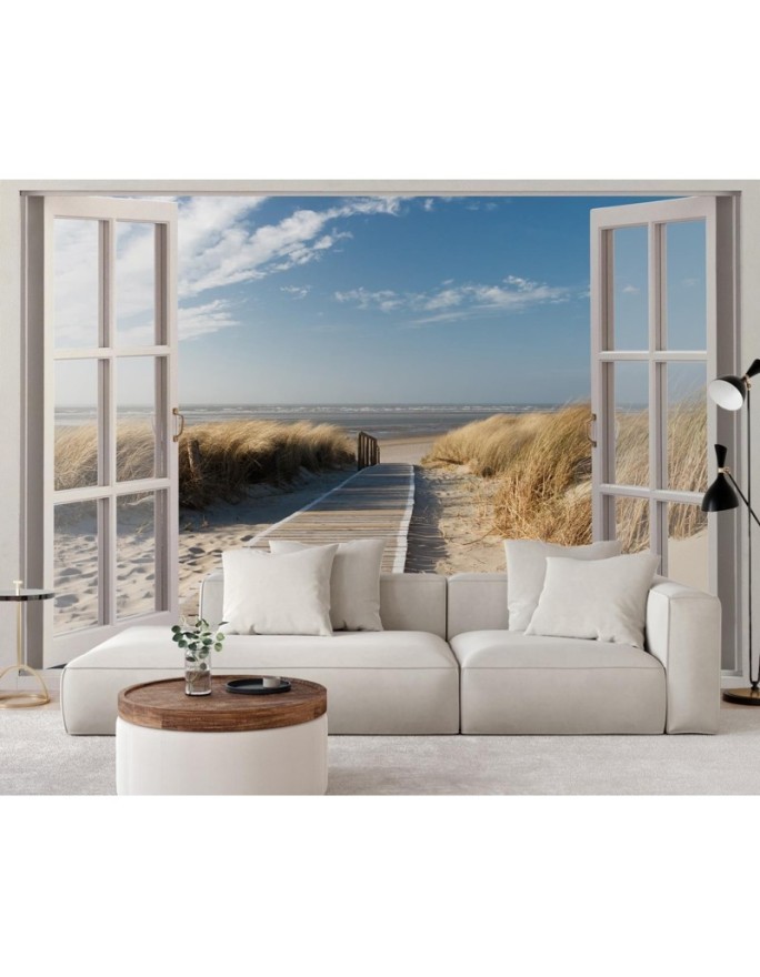 Wallpapers for living room - Window view beach dunes pier | FEEBY