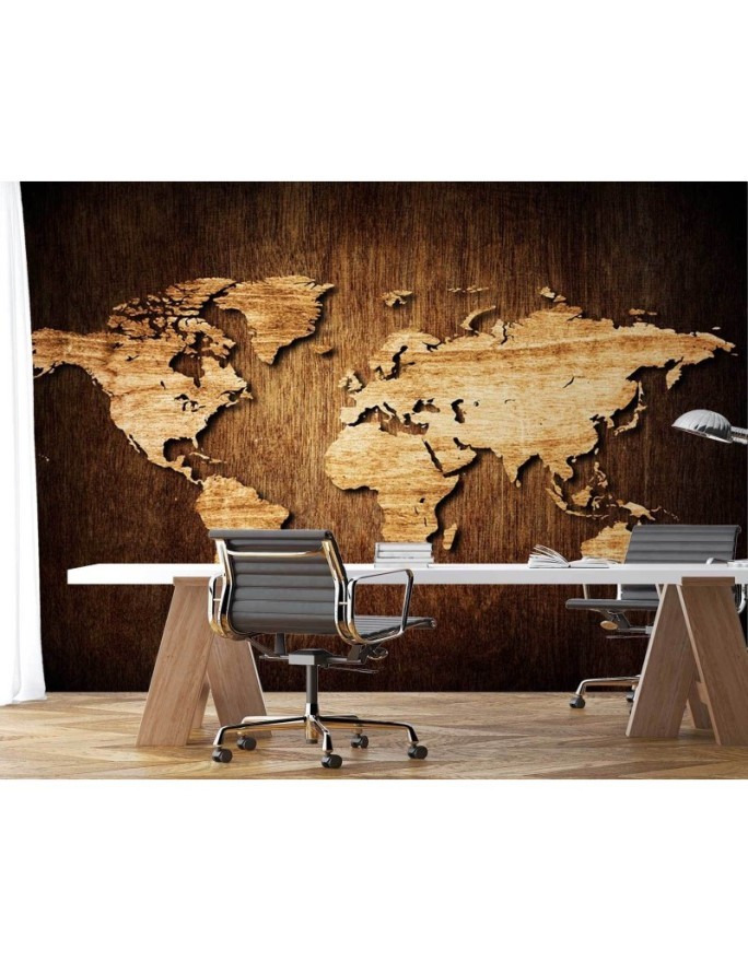 Elegant wall murals for the living room - World map on wood | FEEBY
