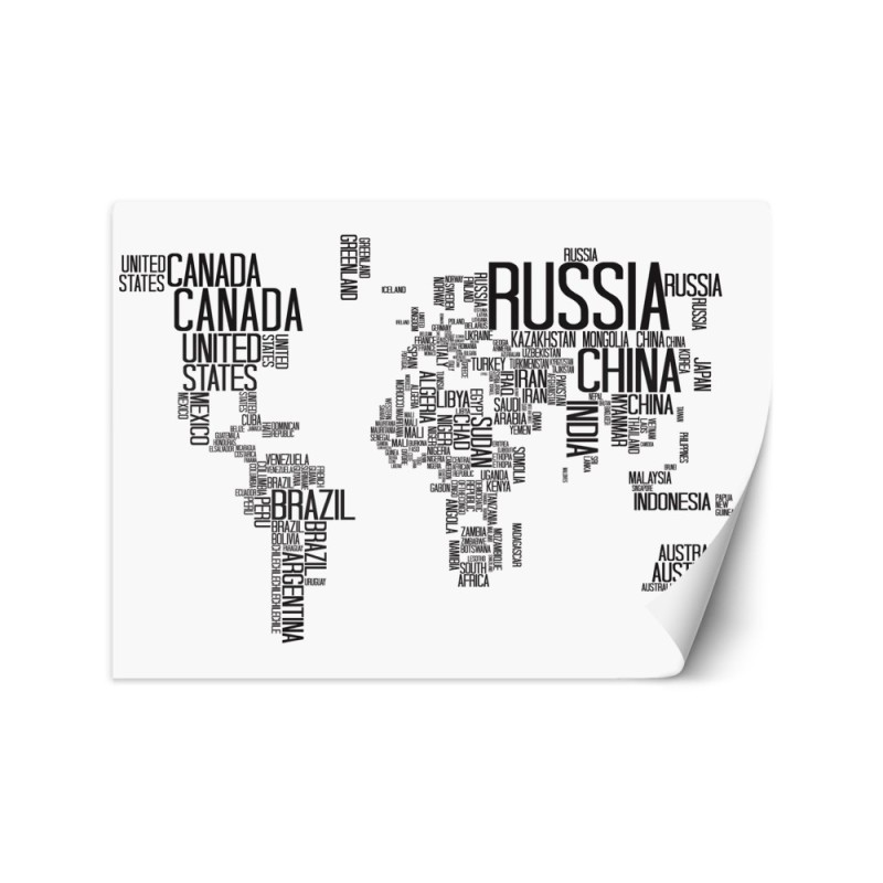 Wall mural - World map black and white lettering Scandinavian style | FEEBY