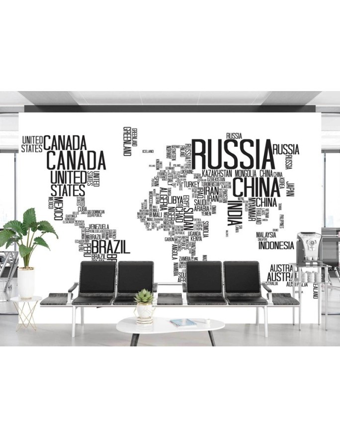 Wall mural - World map black and white lettering Scandinavian style | FEEBY