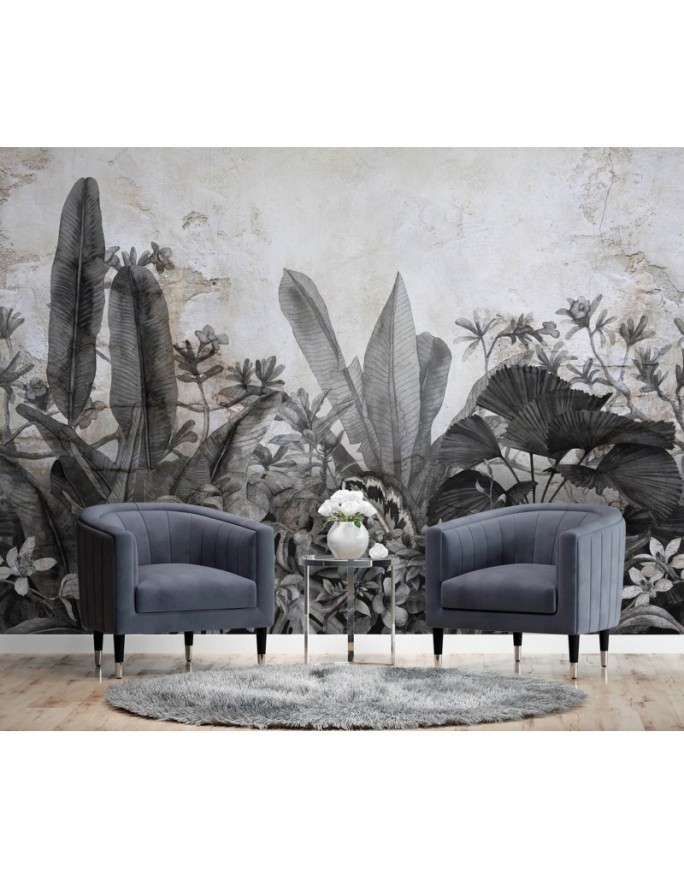 Tropical wall mural - Black and white tropical leaves on concrete background | FEEBY
