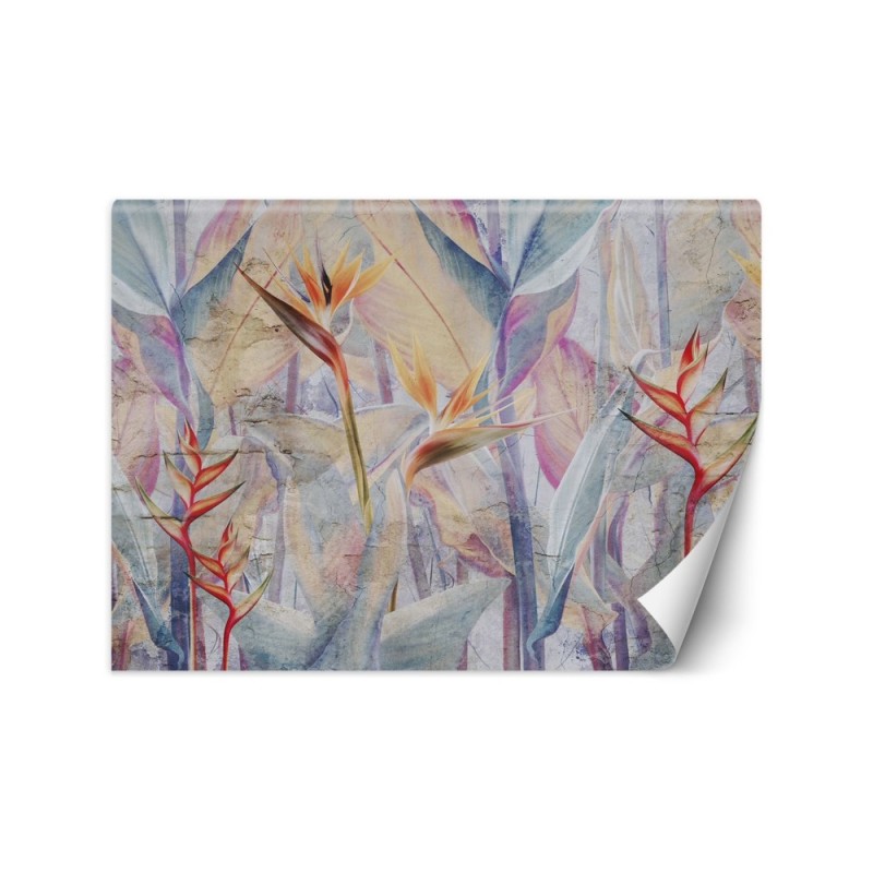 Wallpaper - Pastel coloured leaves on an imitation concrete background | FEEBY