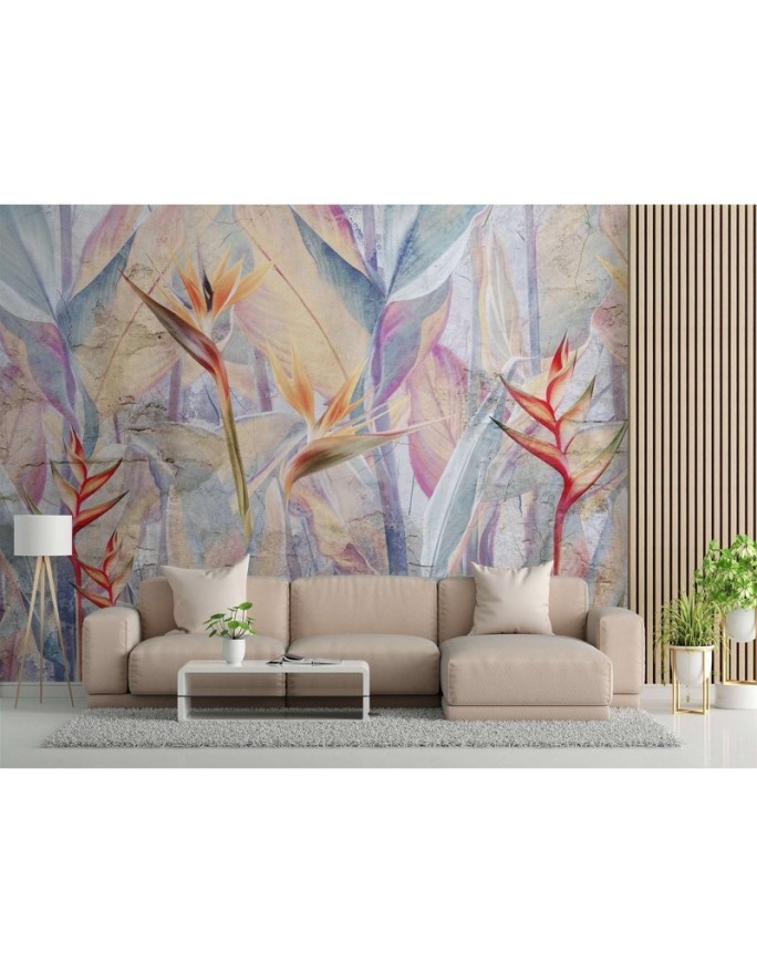 Wallpaper - Pastel coloured leaves on an imitation concrete background | FEEBY