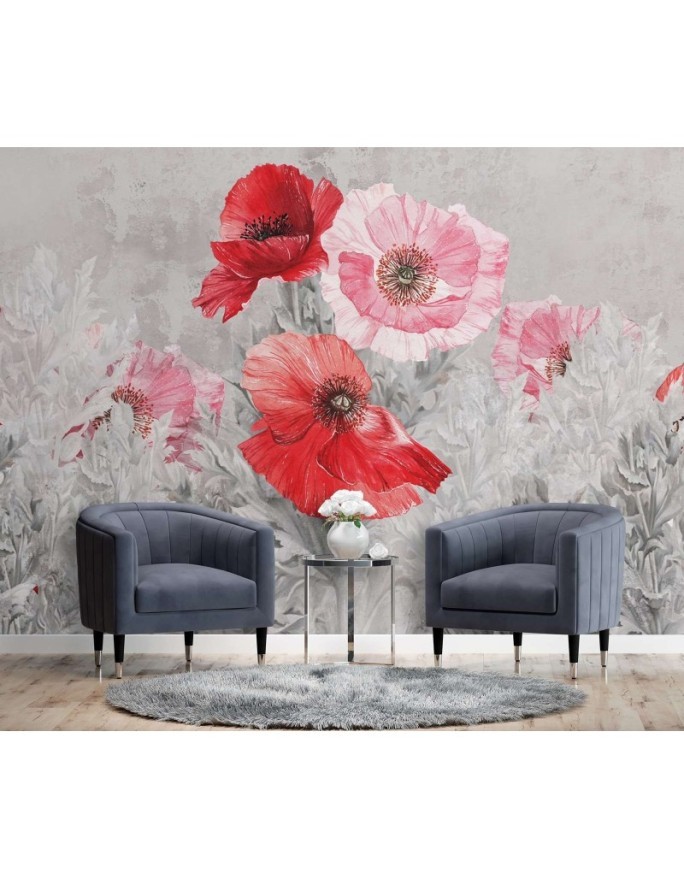 Unique wall murals - Red watercolour poppies | FEEBY