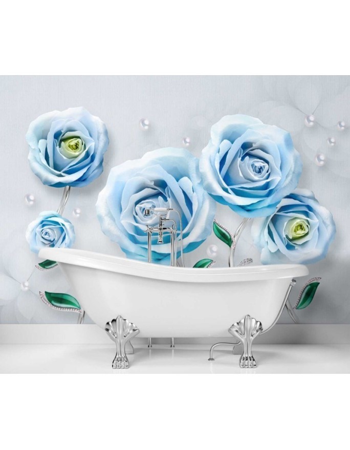 Depth effect wall mural - Blue roses 3D | FEEBY