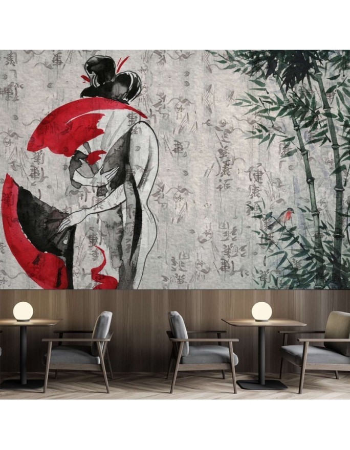 Original wall murals - Japanese geisha with fan abstract | FEEBY