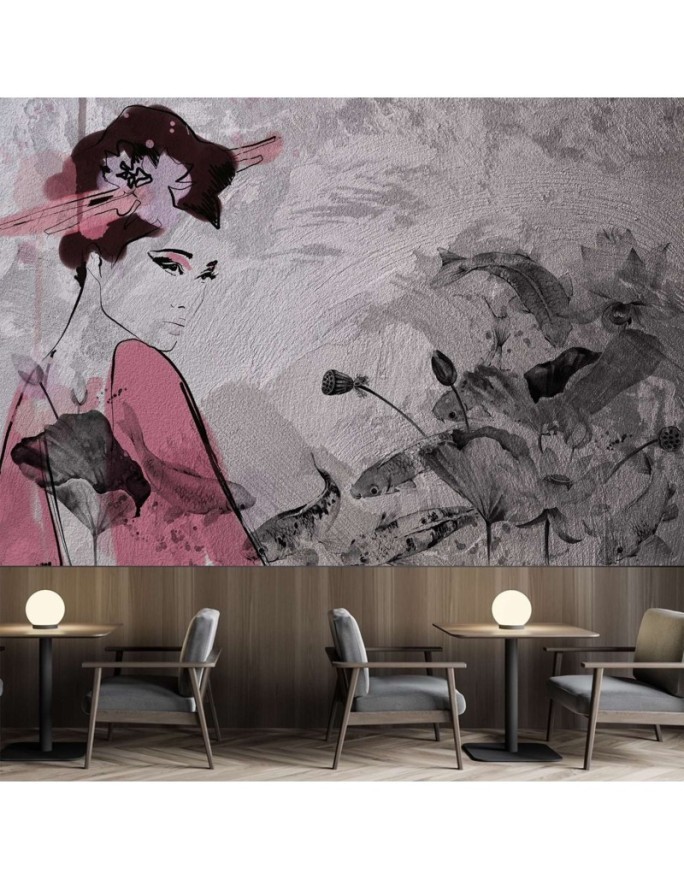 Stylish wall mural - Geisha portrait on concrete wall | FEEBY