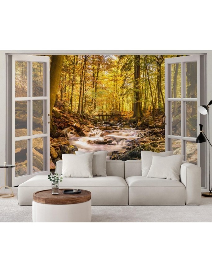 The most fashionable Wallpapers - Window view forest mountain stream | FEEBY