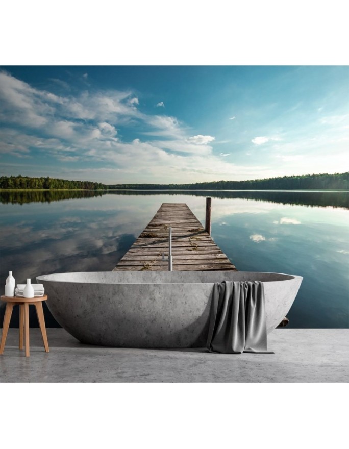 Unique wall murals - View from a pier overlooking a lake and forest | FEEBY