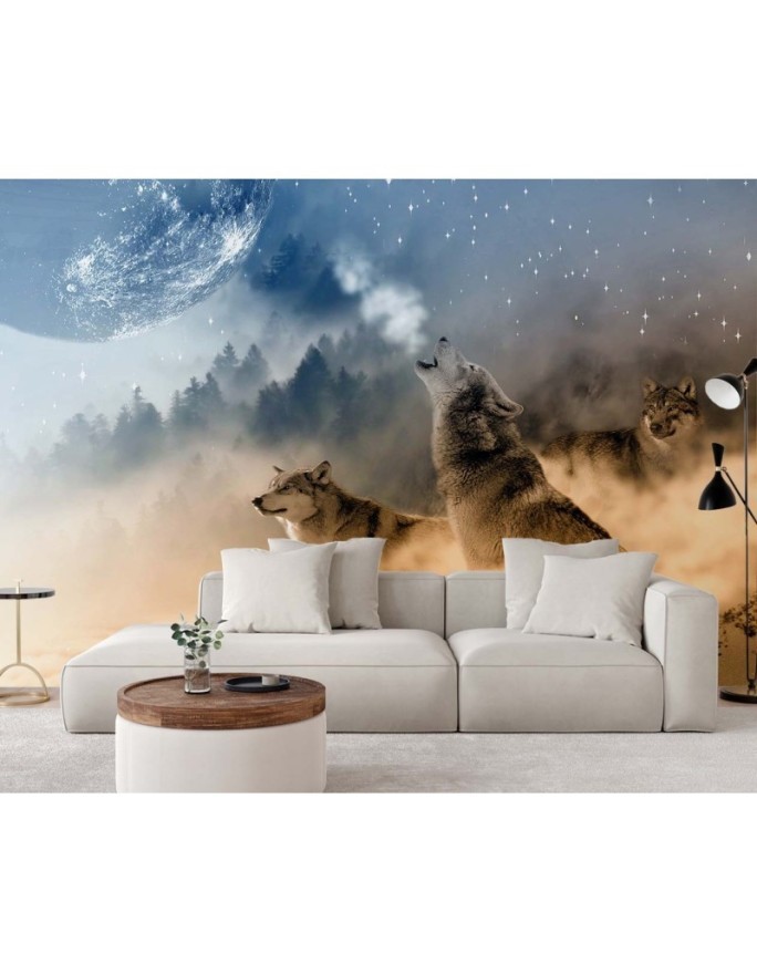 Unique Wallpapers for the living room - Wolves forest in the fog | FEEBY