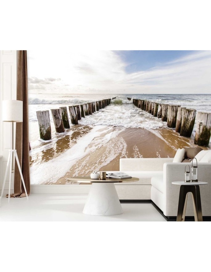 Beautiful Wallpapers for the living room - Falochrons by the sea | FEEBY
