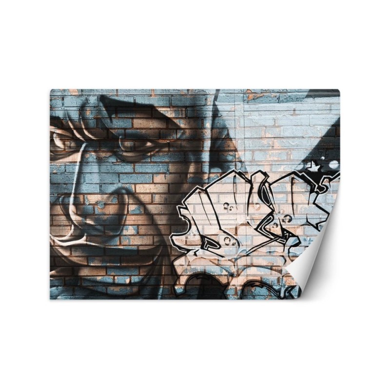 Wall mural - Blue man's face mural on brick | FEEBY