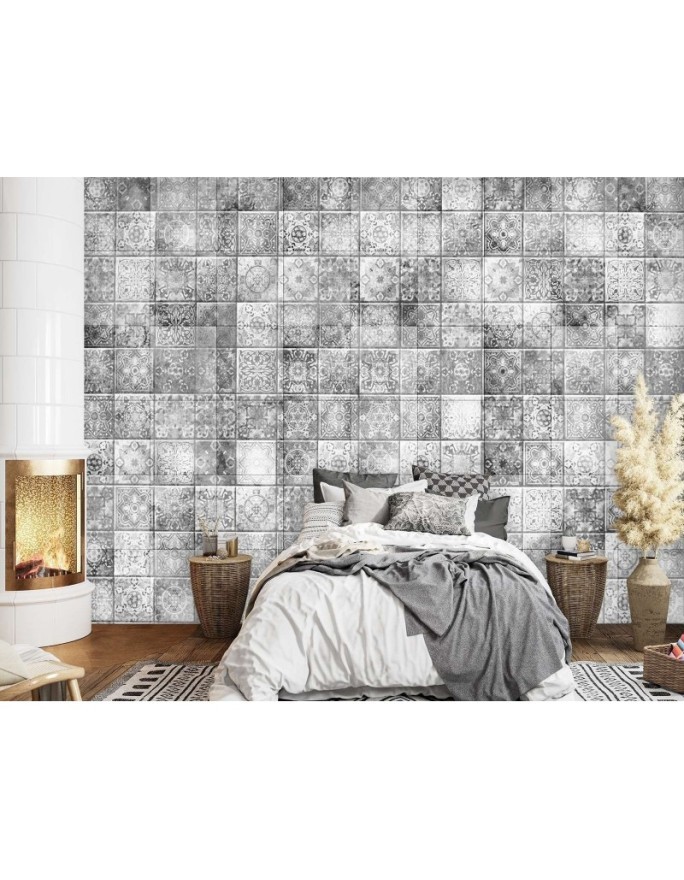 Wall mural - Grey tiles Moroccan mosaic with oriental pattern | FEEBY
