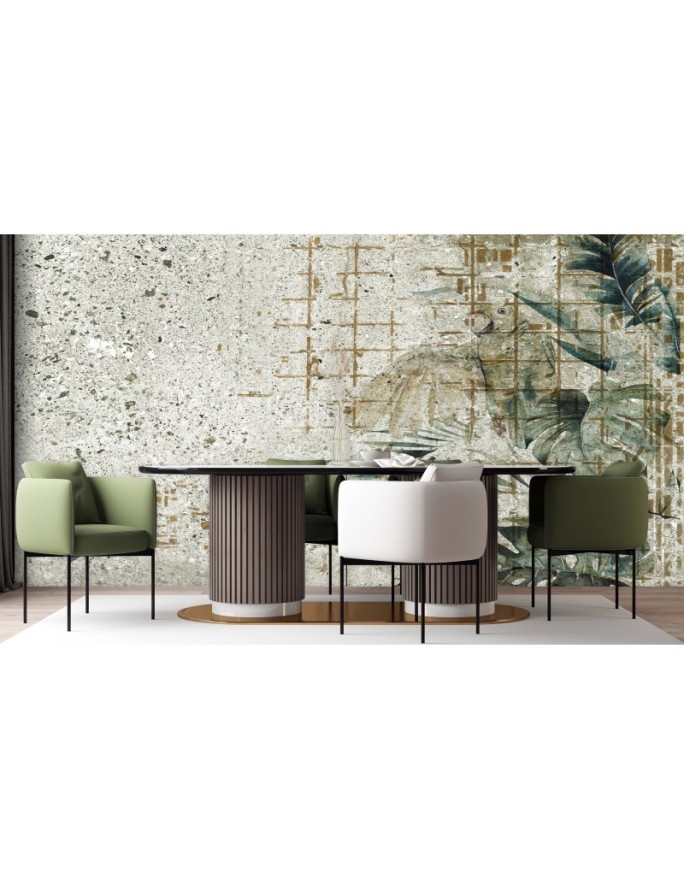 Trendy wall murals - Concrete Parrot Bird Monstera Leaves Green | FEEBY