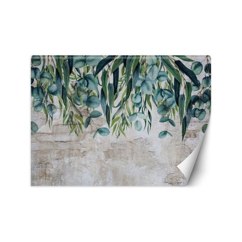 Exotic Wallpaper - Green pastel leaves on concrete | FEEBY