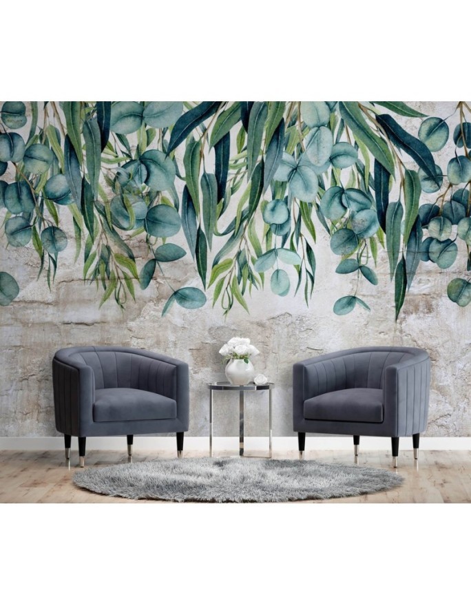 Exotic Wallpaper - Green pastel leaves on concrete | FEEBY