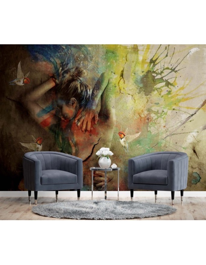 Exclusive wall murals - Woman and hummingbirds abstract as painted | FEEBY