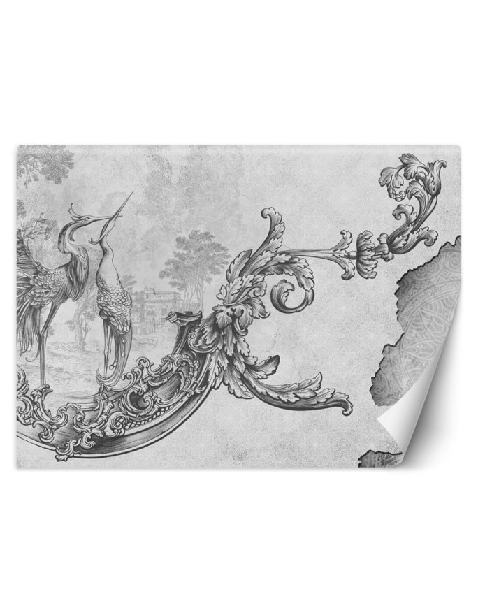 Wall mural - Wild birds and leaves on oriental fresco black and white | FEEBY