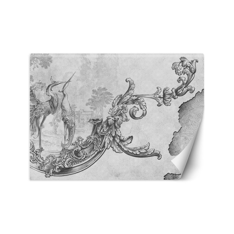 Wall mural - Wild birds and leaves on oriental fresco black and white | FEEBY