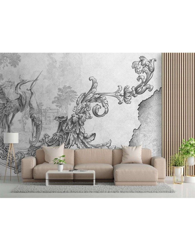 Wall mural - Wild birds and leaves on oriental fresco black and white | FEEBY