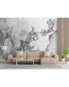 Wall mural - Wild birds and leaves on oriental fresco black and white | FEEBY