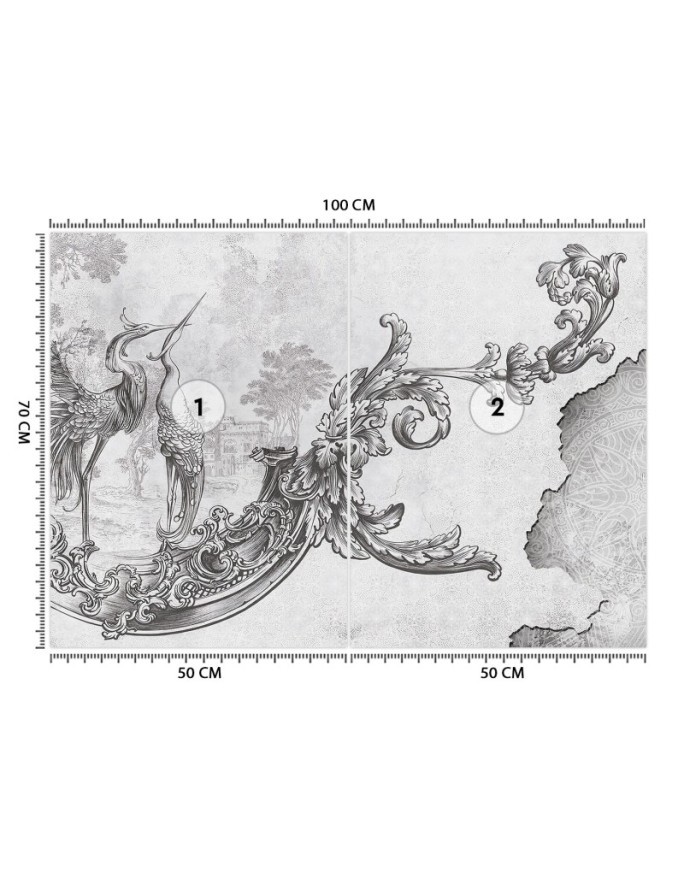 Wall mural - Wild birds and leaves on oriental fresco black and white | FEEBY