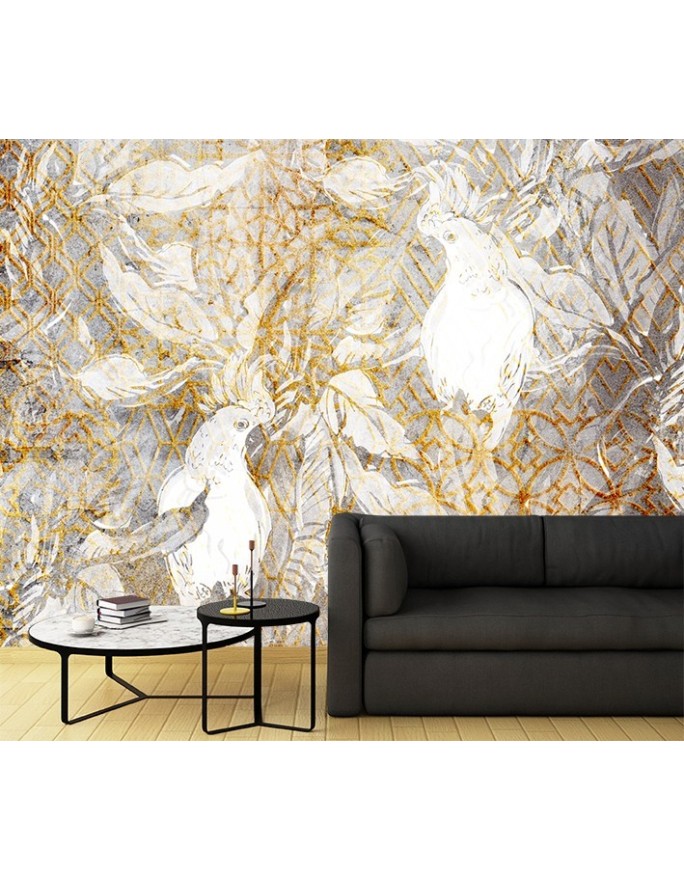Glamour wall mural - Parrots Gold White | FEEBY