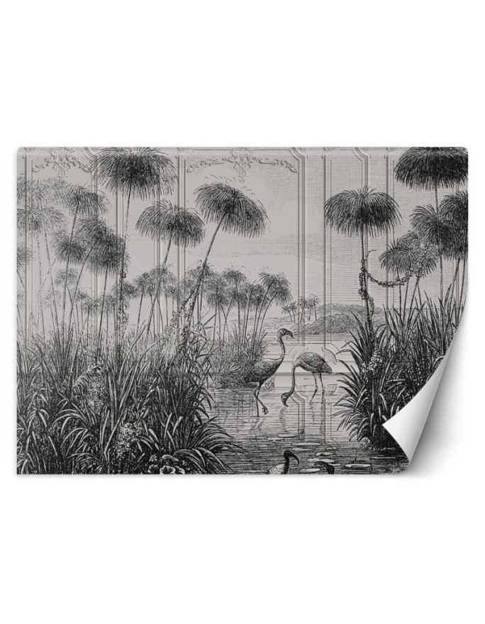 Unique wall mural - Birds cranes grass pond grey | FEEBY