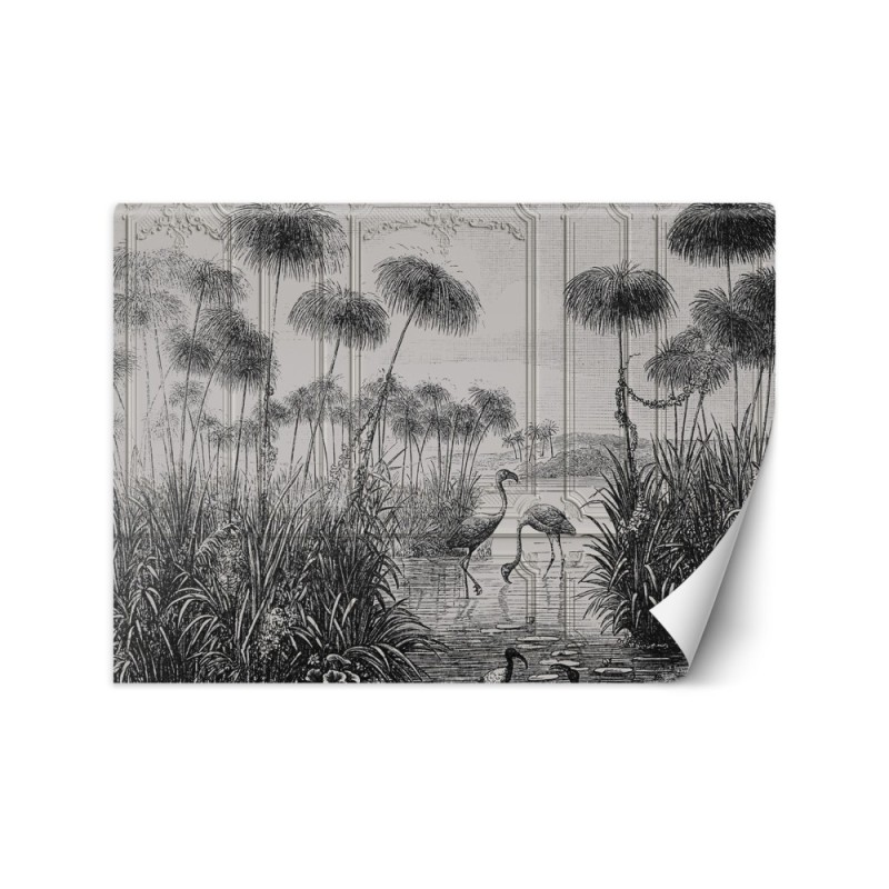 Unique wall mural - Birds cranes grass pond grey | FEEBY