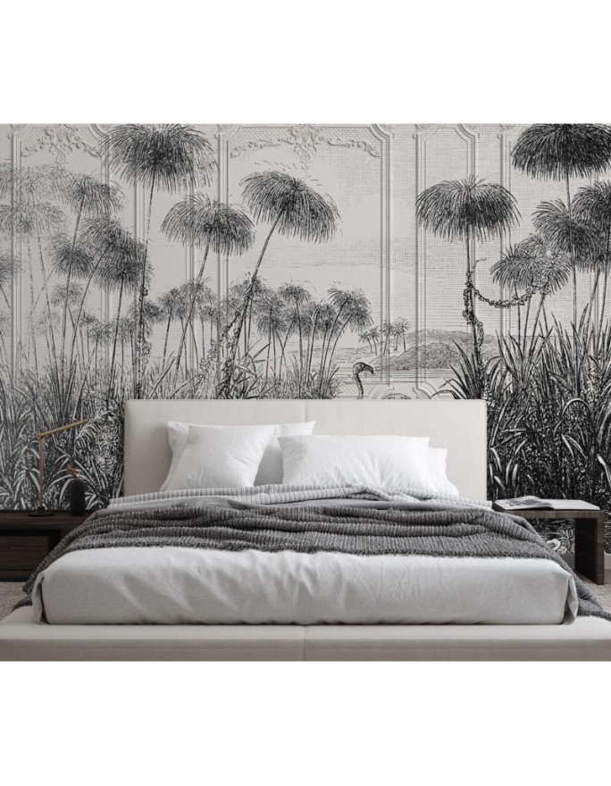 Unique wall mural - Birds cranes grass pond grey | FEEBY