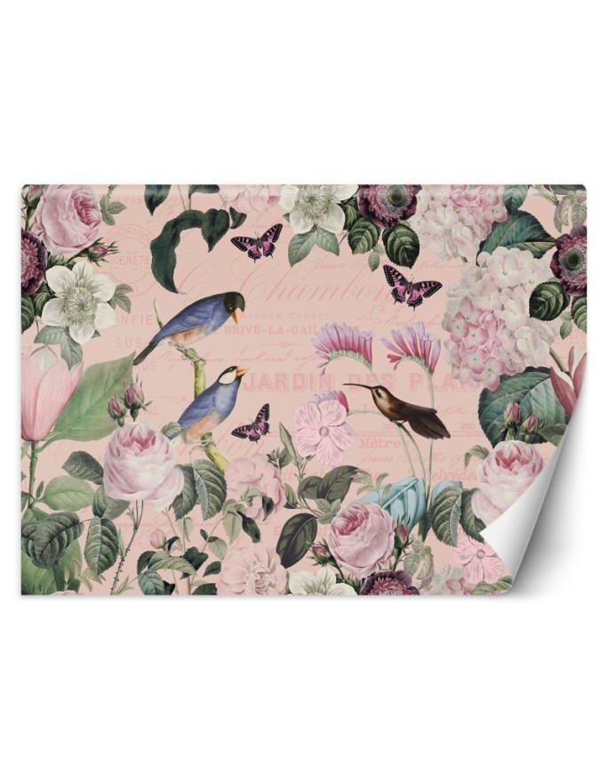 Modern Wallpaper - Birds in flowers dark pink Andrea Haase | FEEBY