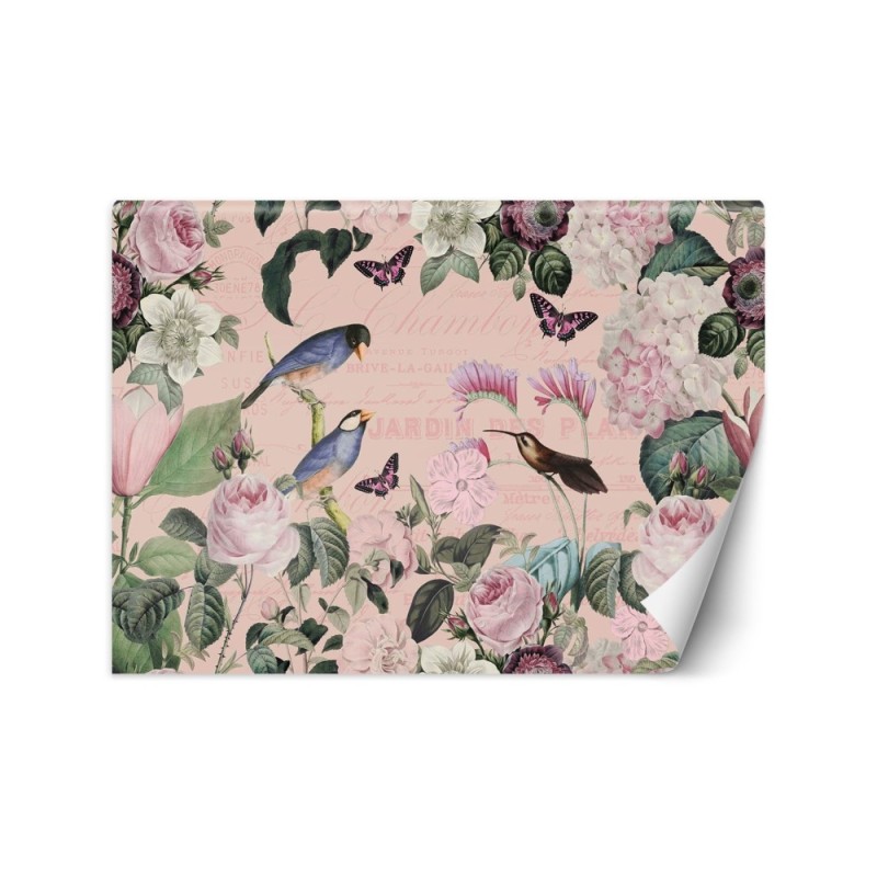 Modern Wallpaper - Birds in flowers dark pink Andrea Haase | FEEBY